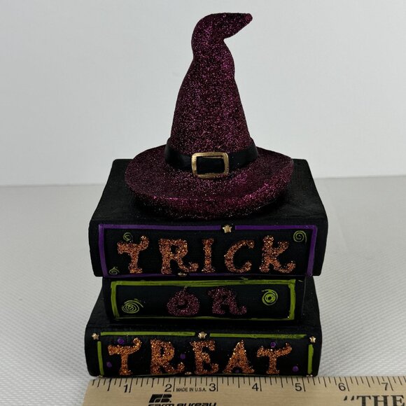 Halloween Decor Witch Hat On Stacked Books "Trick Or Treat" Glitter Faux Books - Picture 7 of 8
